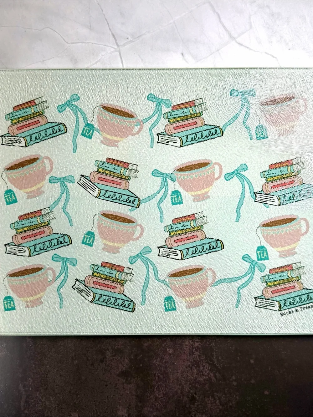 Tempered Glass Cutting Board Bookish Tea Hand Drawn Design